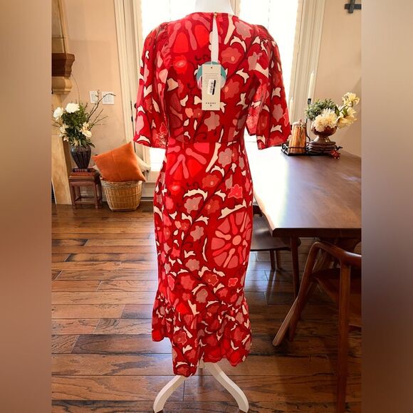 Rhode x Target Red Floral Linen Blend Midi Dress Ruffle Hem Short Sleeve 4 NWT - Picture 4 of 8